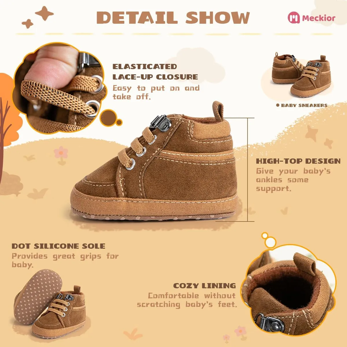 Meckior Toddler Baby Boys Girls High Tops Ankle Sneakers Soft Anti-Slip Sole PU Leather Moccasins Infant Newborn Prewalker First Walking Crib Shoes