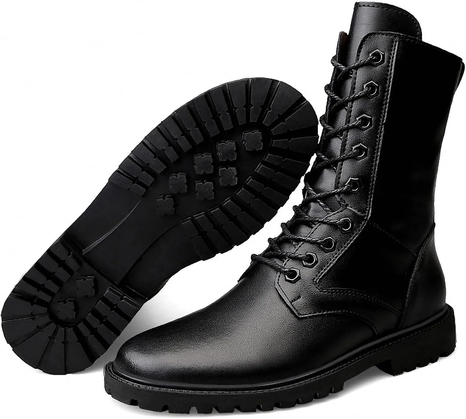 Mens Black High-Top Cowhide Motorcycle Army Military Tactical Combat Boots Flat-Soled Round-Toe Leather Outdoor Hunting Warm Non-Slip Hiking Mid-Calf Shoes Lace-Up Zipper Waterproof Puncture-Resistant