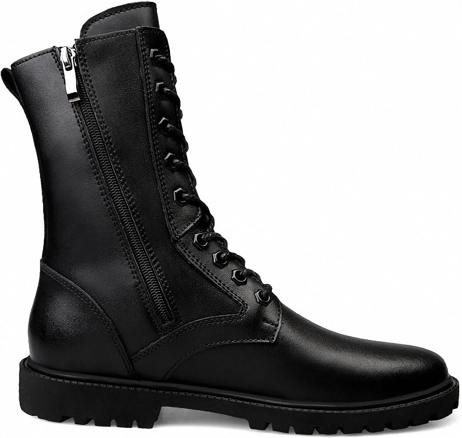 Mens Black High-Top Cowhide Motorcycle Army Military Tactical Combat Boots Flat-Soled Round-Toe Leather Outdoor Hunting Warm Non-Slip Hiking Mid-Calf Shoes Lace-Up Zipper Waterproof Puncture-Resistant