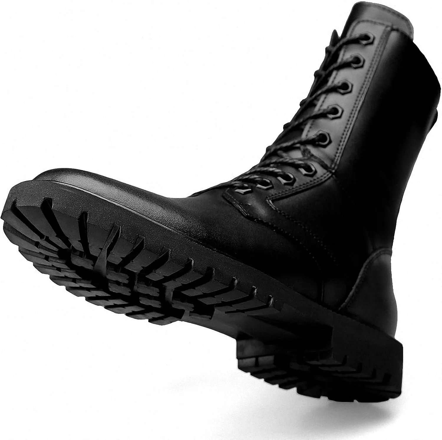 Mens Black High-Top Cowhide Motorcycle Army Military Tactical Combat Boots Flat-Soled Round-Toe Leather Outdoor Hunting Warm Non-Slip Hiking Mid-Calf Shoes Lace-Up Zipper Waterproof Puncture-Resistant