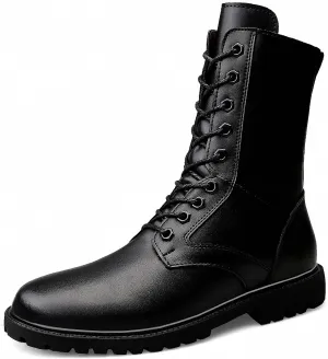 Mens Black High-Top Cowhide Motorcycle Army Military Tactical Combat Boots Flat-Soled Round-Toe Leather Outdoor Hunting Warm Non-Slip Hiking Mid-Calf Shoes Lace-Up Zipper Waterproof Puncture-Resistant