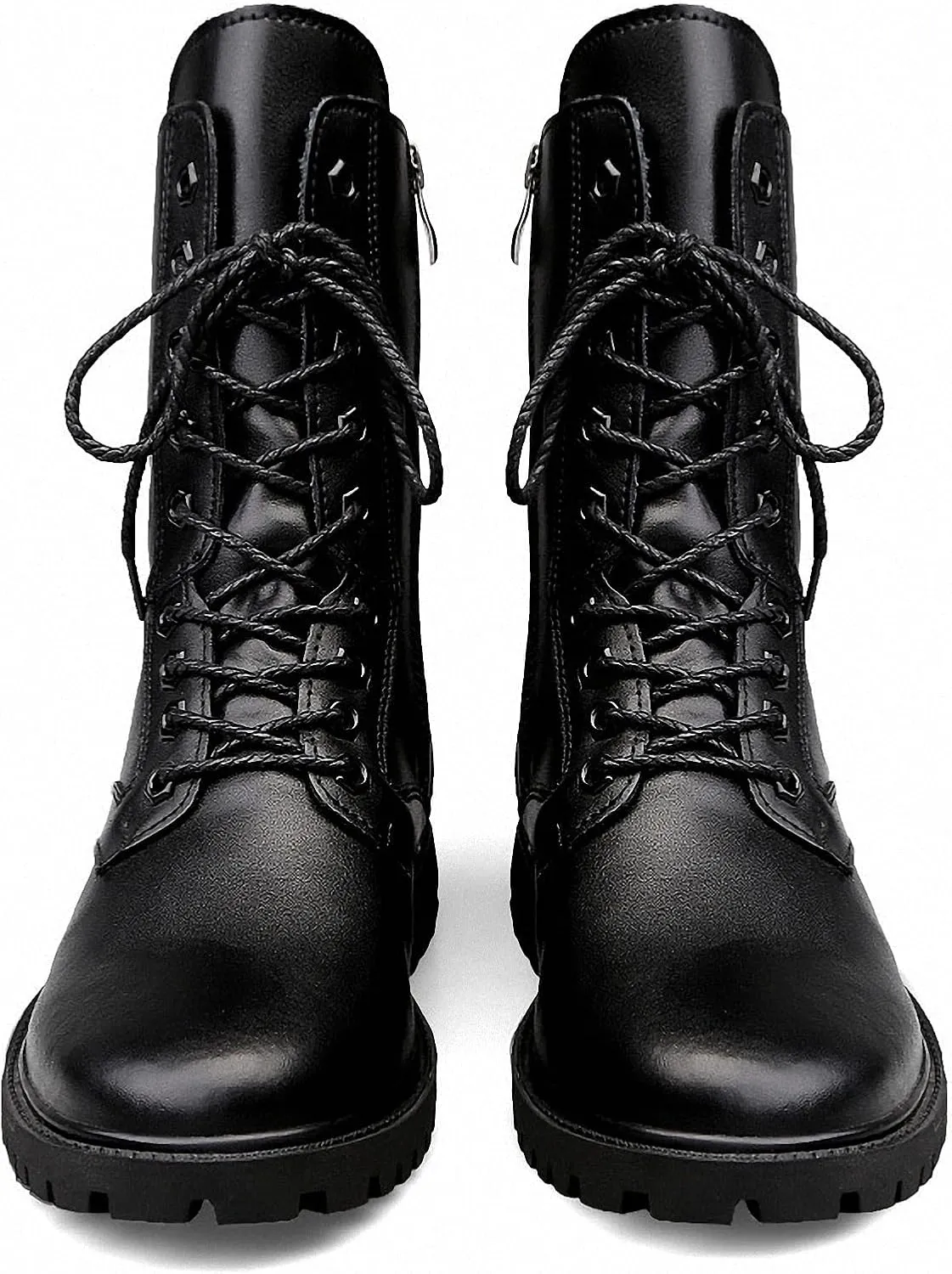 Mens Black High-Top Cowhide Motorcycle Army Military Tactical Combat Boots Flat-Soled Round-Toe Leather Outdoor Hunting Warm Non-Slip Hiking Mid-Calf Shoes Lace-Up Zipper Waterproof Puncture-Resistant