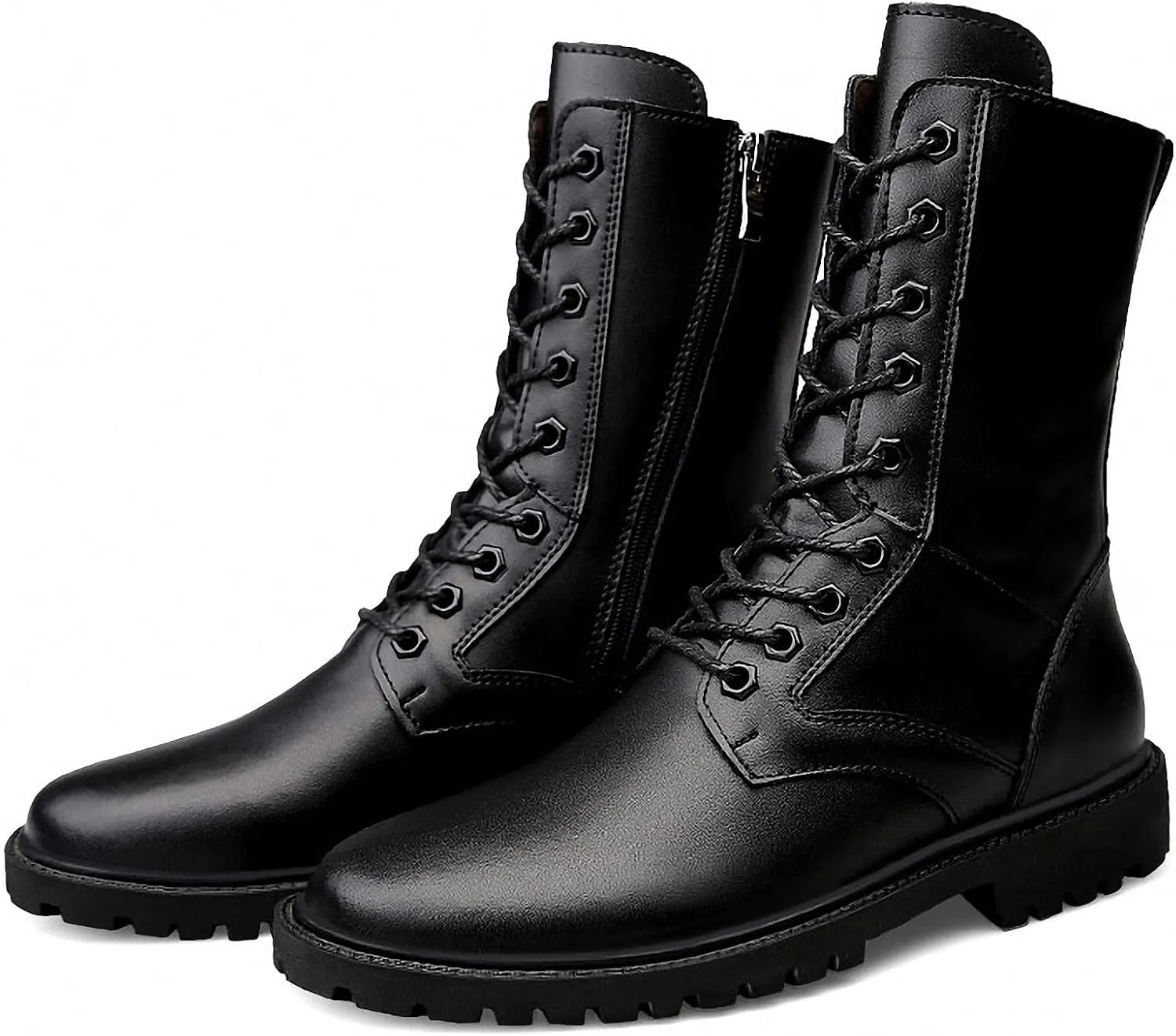 Mens Black High-Top Cowhide Motorcycle Army Military Tactical Combat Boots Flat-Soled Round-Toe Leather Outdoor Hunting Warm Non-Slip Hiking Mid-Calf Shoes Lace-Up Zipper Waterproof Puncture-Resistant