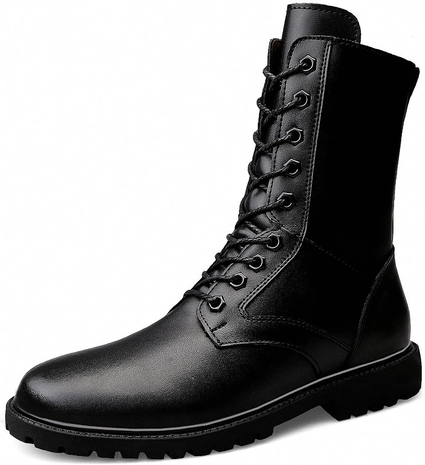 Mens Black High-Top Cowhide Motorcycle Army Military Tactical Combat Boots Flat-Soled Round-Toe Leather Outdoor Hunting Warm Non-Slip Hiking Mid-Calf Shoes Lace-Up Zipper Waterproof Puncture-Resistant