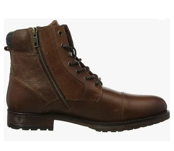 Mens Brown Leather Lace Up Boots High Top Zip Up Biker Boots