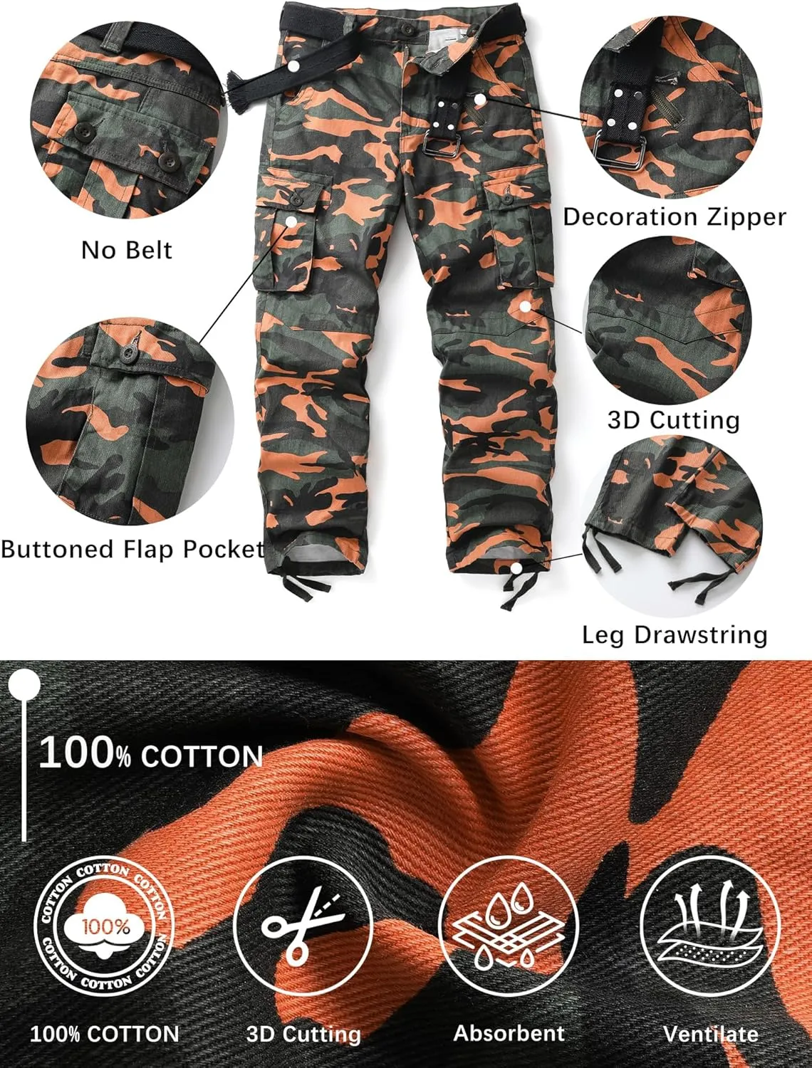 Men's Camo BDU Cargo Tactical Ripstop Casual Lightweight Baggy Combat 100% Cotton Pants with 8 Pockets(No Belt)