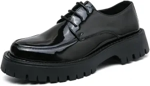 Men's Chunky Platform Derby Shoes - High Shine Lace-Up Design, Slight Heel Lift for Natural Walk, Non-Slip Sole; Business & Urban Commuting Footwear (Round Toe)