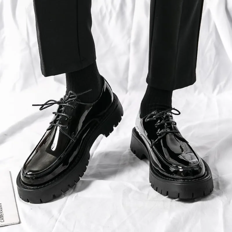 Men's Chunky Platform Derby Shoes - High Shine Lace-Up Design, Slight Heel Lift for Natural Walk, Non-Slip Sole; Business & Urban Commuting Footwear (Round Toe)