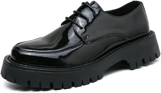 Men's Chunky Platform Derby Shoes - High Shine Lace-Up Design, Slight Heel Lift for Natural Walk, Non-Slip Sole; Business & Urban Commuting Footwear (Round Toe)