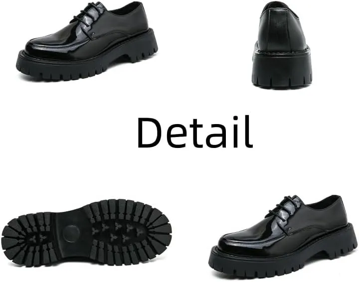 Men's Chunky Platform Derby Shoes - High Shine Lace-Up Design, Slight Heel Lift for Natural Walk, Non-Slip Sole; Business & Urban Commuting Footwear (Round Toe)