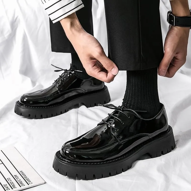 Men's Chunky Platform Derby Shoes - High Shine Lace-Up Design, Slight Heel Lift for Natural Walk, Non-Slip Sole; Business & Urban Commuting Footwear (Round Toe)
