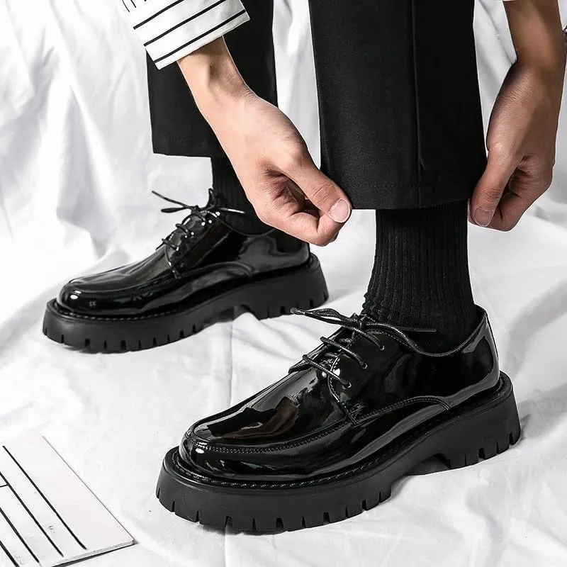 Men's Chunky Platform Derby Shoes - High Shine Lace-Up Design, Slight Heel Lift for Natural Walk, Non-Slip Sole; Business & Urban Commuting Footwear (Round Toe)