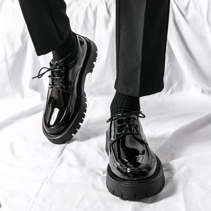 Men's Chunky Platform Derby Shoes - High Shine Lace-Up Design, Slight Heel Lift for Natural Walk, Non-Slip Sole; Business & Urban Commuting Footwear (Round Toe)