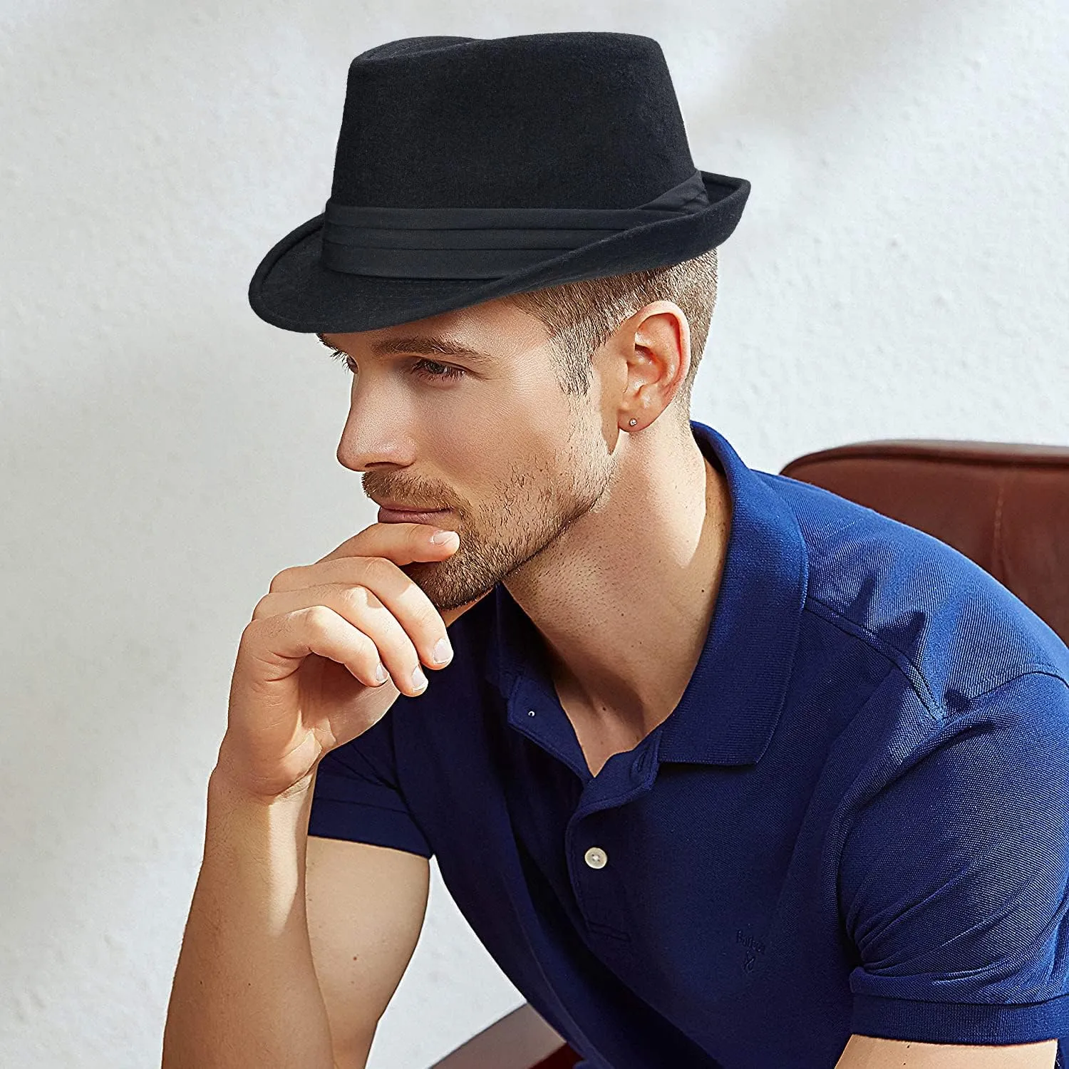 Mens Classic Plaid Manhattan Structured Gangster Trilby Fedora Hat Cuban Style Derby Hat Jazz Cap (Size M)