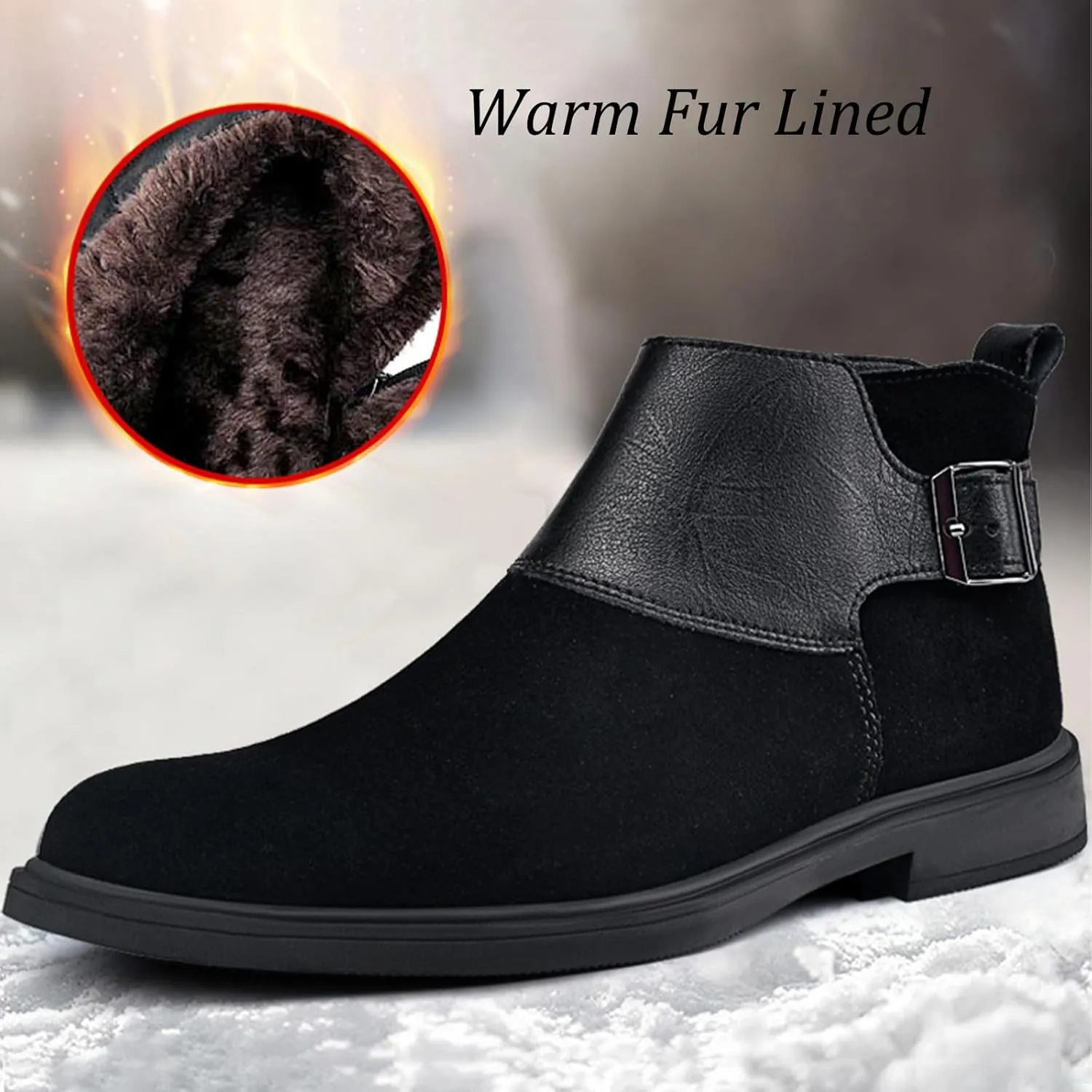 Men's Genuine Leather Buckle Dress Chelsea Boots with Side Zipper Fashion Pointed Toe Waterproof Non-Slip Casual Business Formal Booties