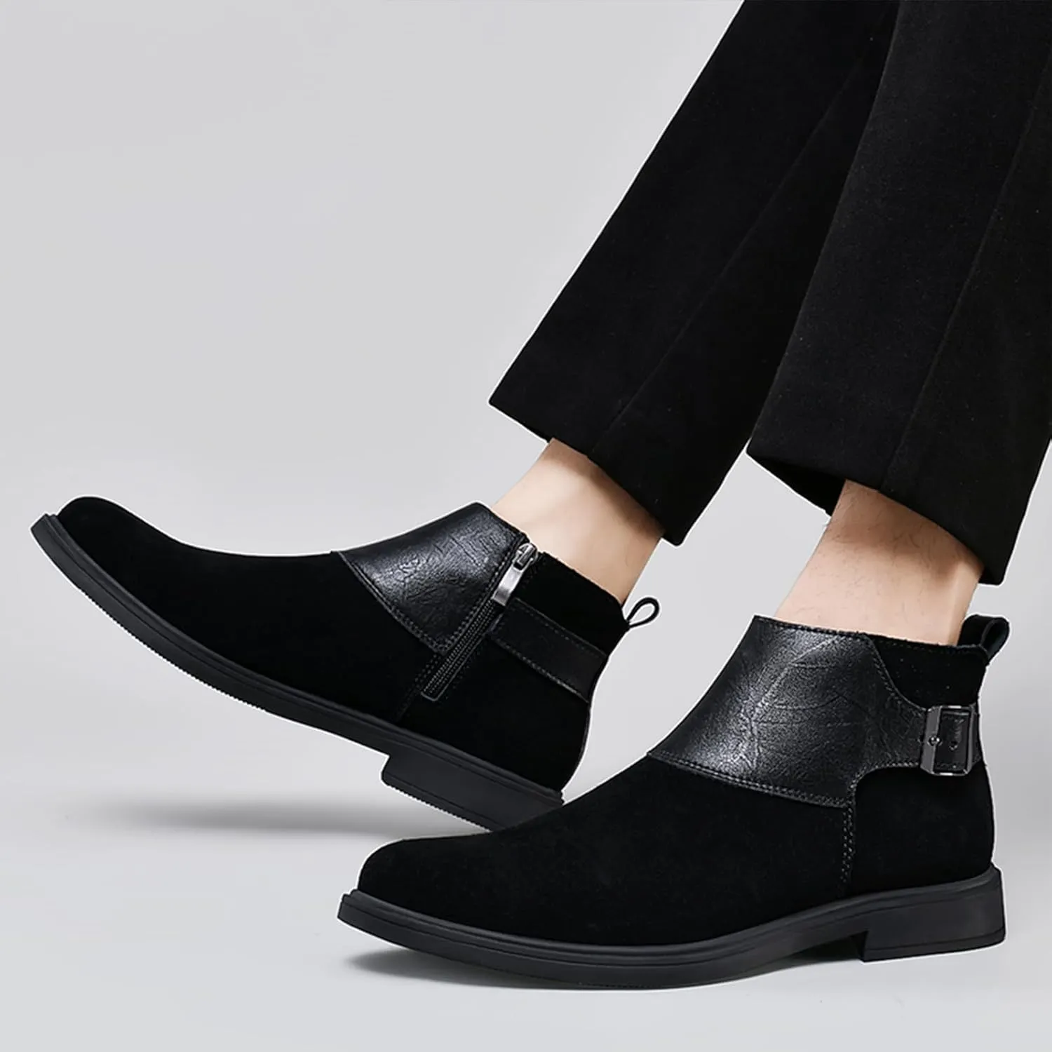 Men's Genuine Leather Buckle Dress Chelsea Boots with Side Zipper Fashion Pointed Toe Waterproof Non-Slip Casual Business Formal Booties