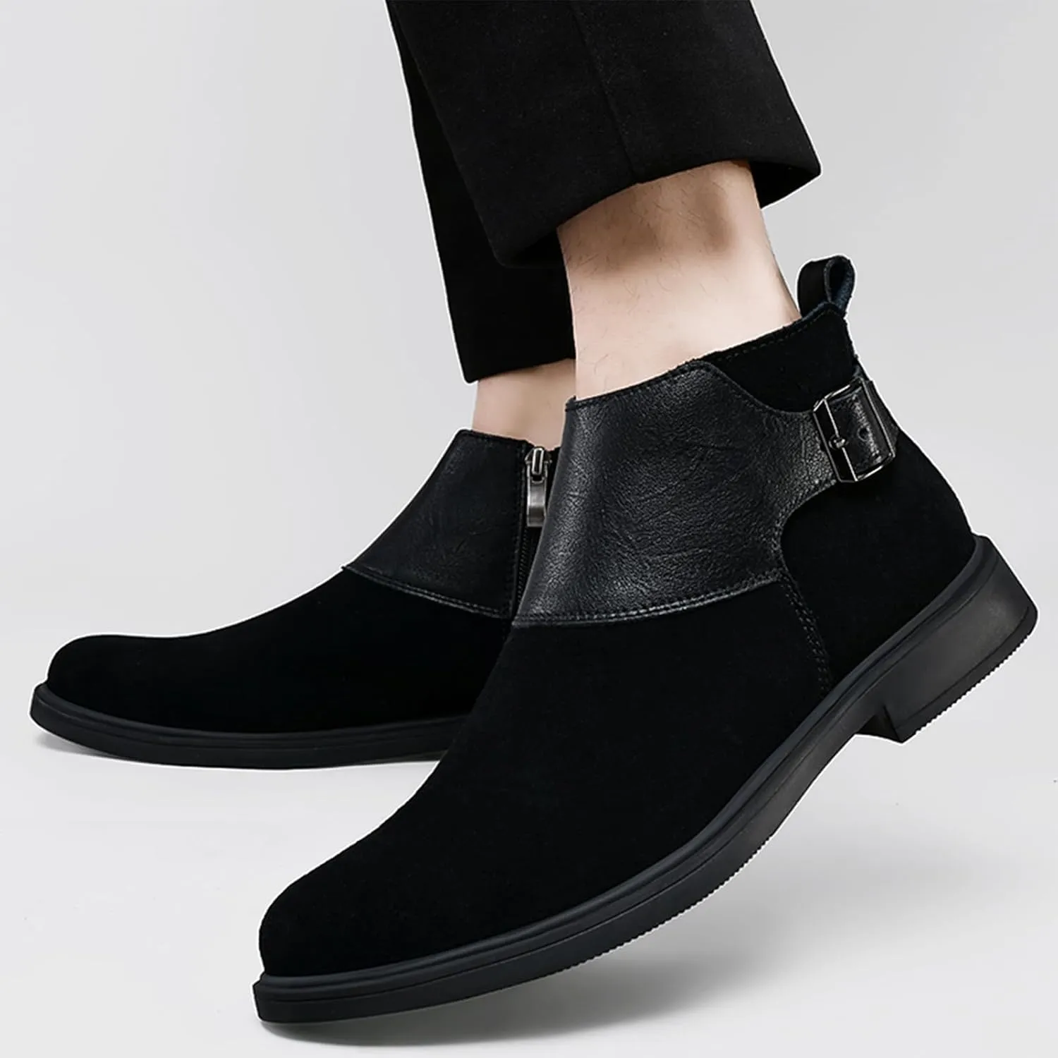 Men's Genuine Leather Buckle Dress Chelsea Boots with Side Zipper Fashion Pointed Toe Waterproof Non-Slip Casual Business Formal Booties