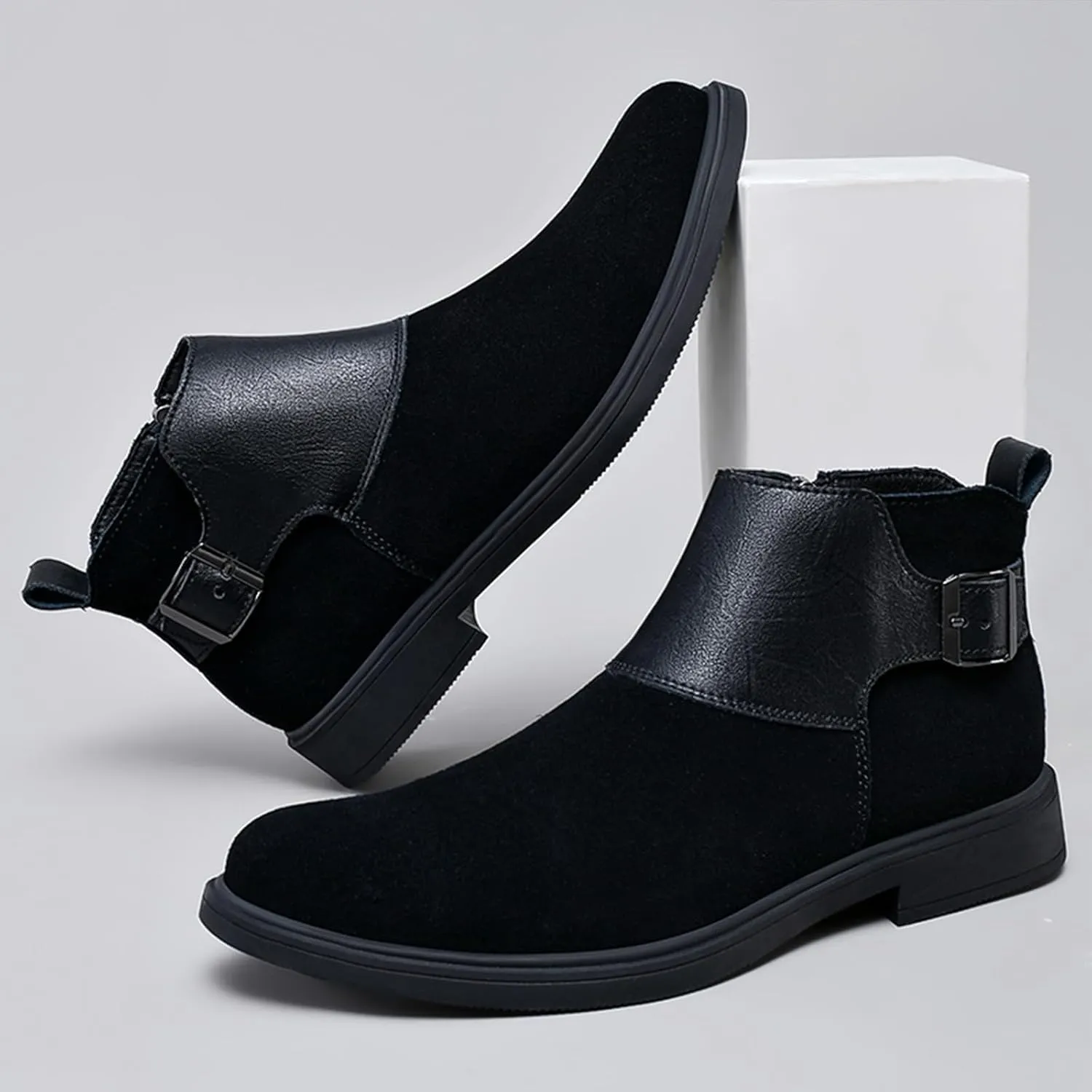 Men's Genuine Leather Buckle Dress Chelsea Boots with Side Zipper Fashion Pointed Toe Waterproof Non-Slip Casual Business Formal Booties