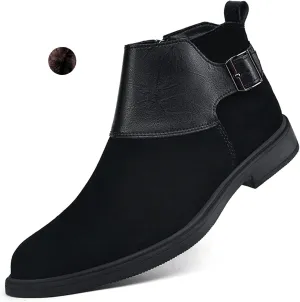 Men's Genuine Leather Buckle Dress Chelsea Boots with Side Zipper Fashion Pointed Toe Waterproof Non-Slip Casual Business Formal Booties