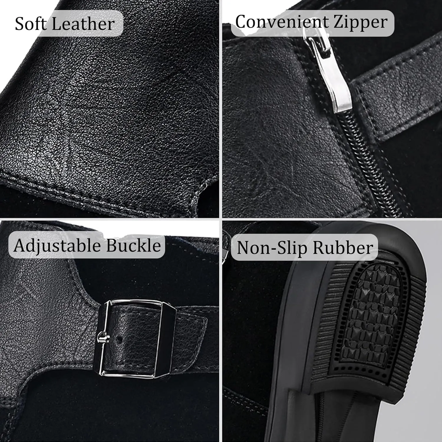 Men's Genuine Leather Buckle Dress Chelsea Boots with Side Zipper Fashion Pointed Toe Waterproof Non-Slip Casual Business Formal Booties