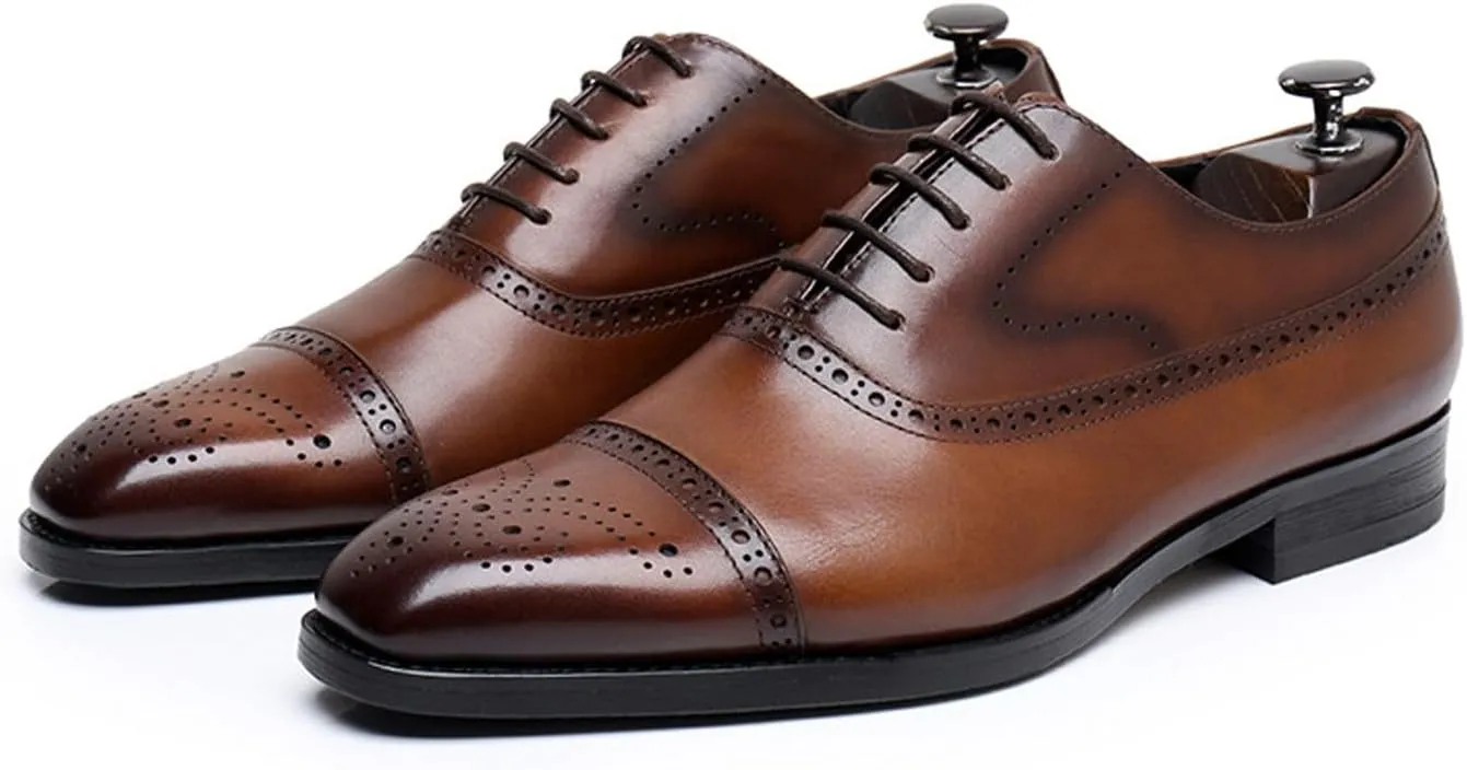 Mens Oxfords Dress Formal Shoes Genunie Leather Semi-Brogues Oxford Fashion Modern Business Casual Derby Prom Wedding Suit Shoes Tuxedo Shoes for Men
