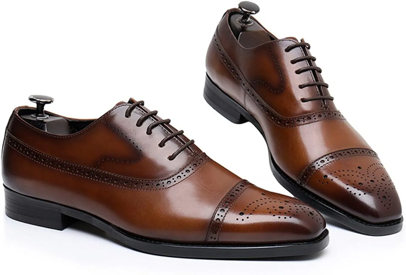 Mens Oxfords Dress Formal Shoes Genunie Leather Semi-Brogues Oxford Fashion Modern Business Casual Derby Prom Wedding Suit Shoes Tuxedo Shoes for Men