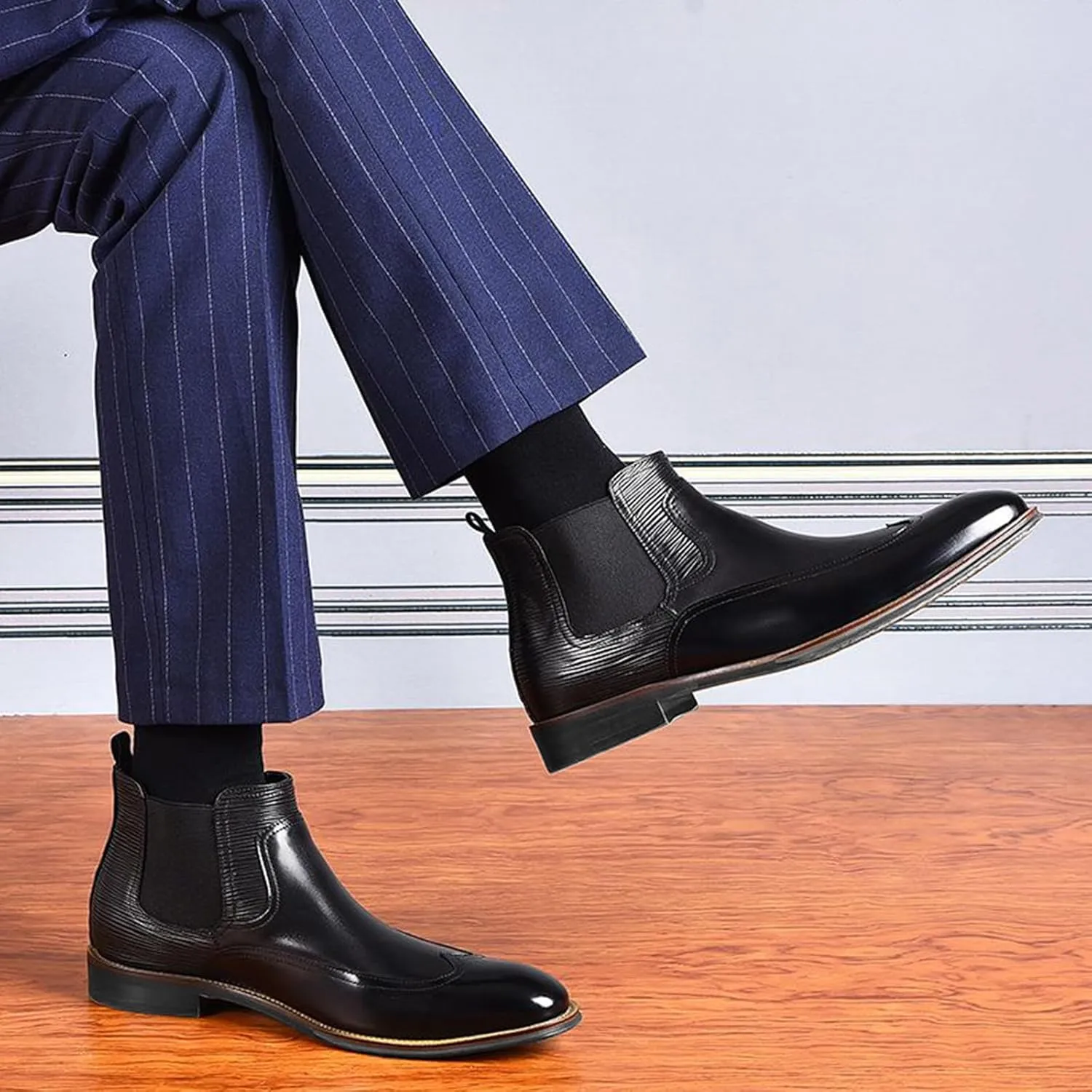 Men's Patent Leather Chelsea Dress Boots Fashion Leather Splicing Elastic Band Pointed-Toe Slip On Ankle Boots Casual Business Formal Oxford Booties