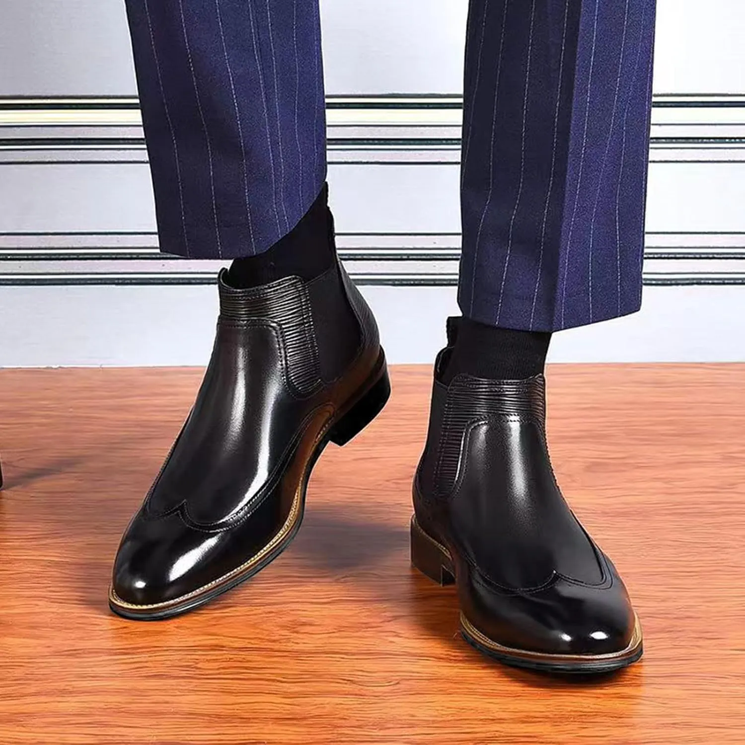 Men's Patent Leather Chelsea Dress Boots Fashion Leather Splicing Elastic Band Pointed-Toe Slip On Ankle Boots Casual Business Formal Oxford Booties