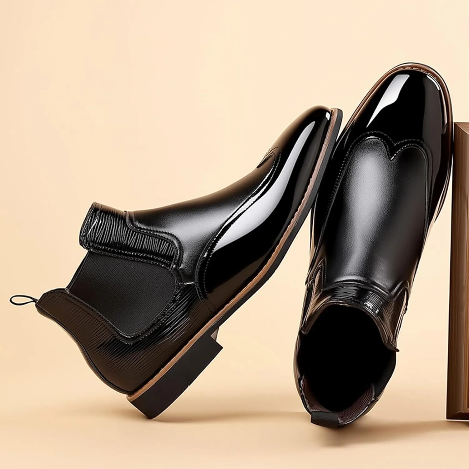 Men's Patent Leather Chelsea Dress Boots Fashion Leather Splicing Elastic Band Pointed-Toe Slip On Ankle Boots Casual Business Formal Oxford Booties