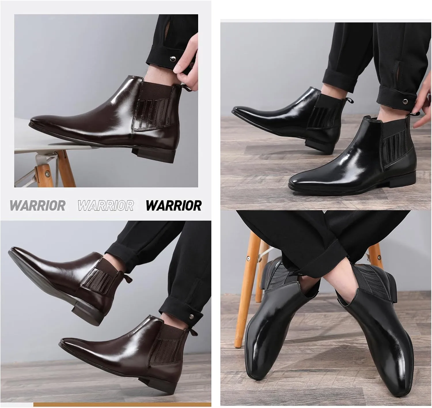 Men's Patent Leather Low Heel Mid Top Dress Chelsea Boots Classic Retro Pointed Toe Business Work Elastic Slip-on Boots Casual Comfortable Oxfords Ankle Boots
