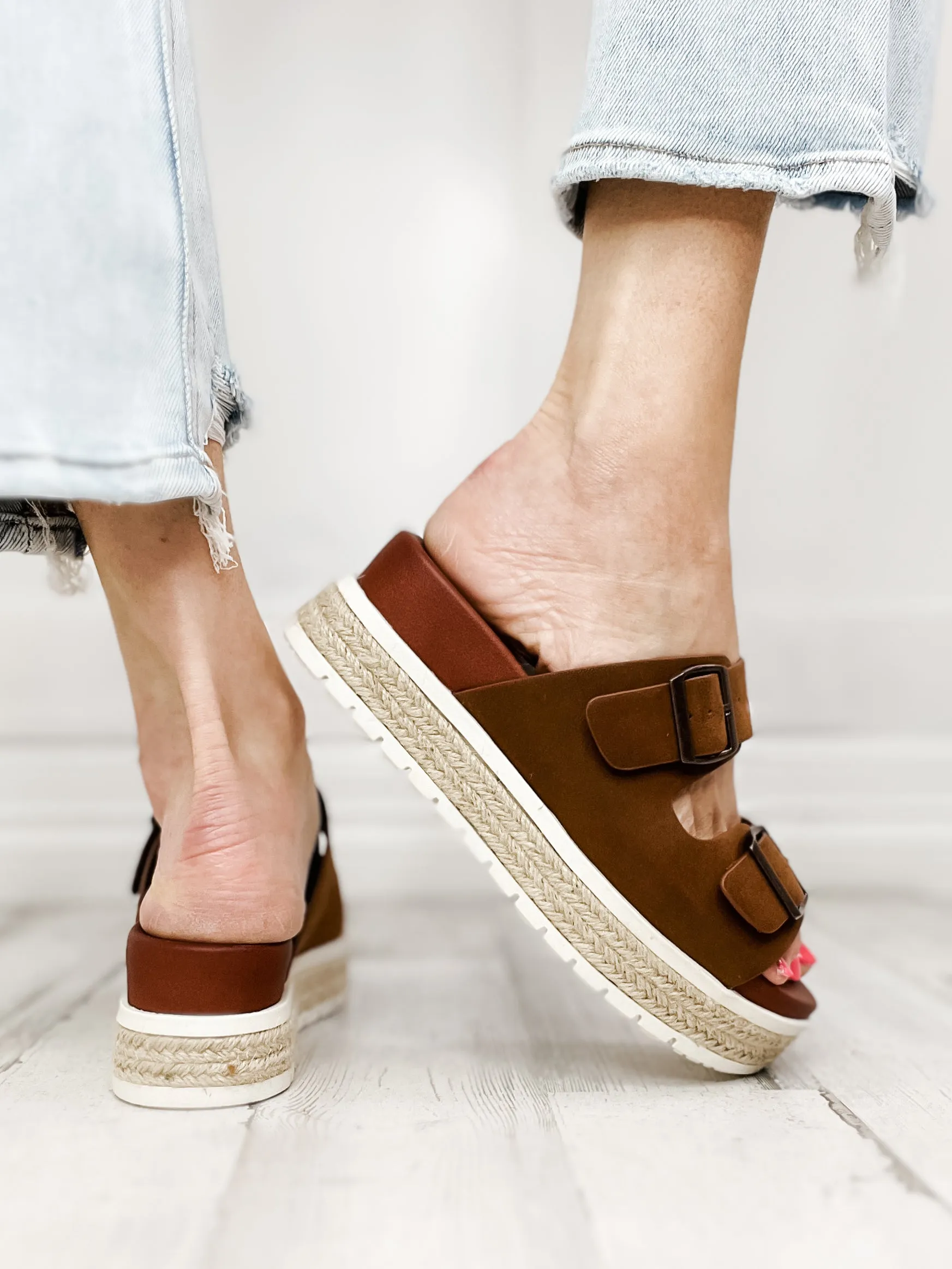 Mia Kely Double Buckle Slip-On Sandals in Cognac
