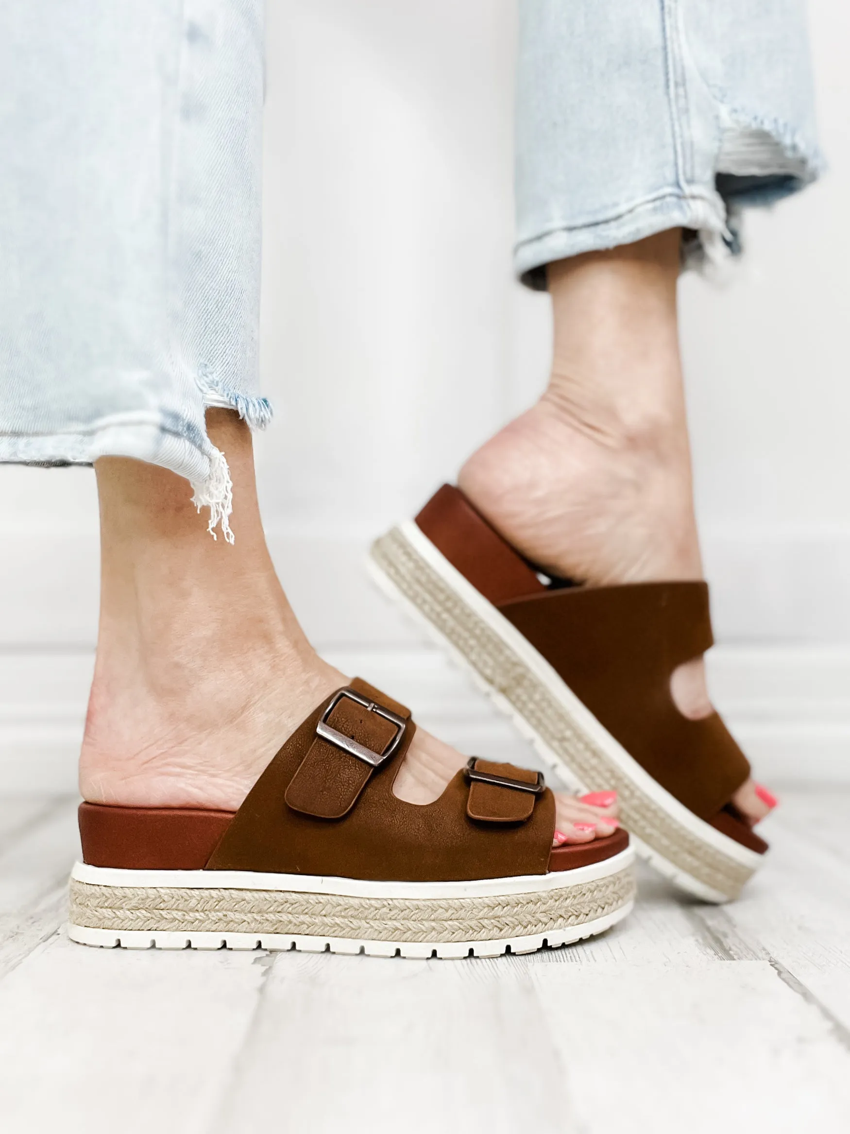 Mia Kely Double Buckle Slip-On Sandals in Cognac