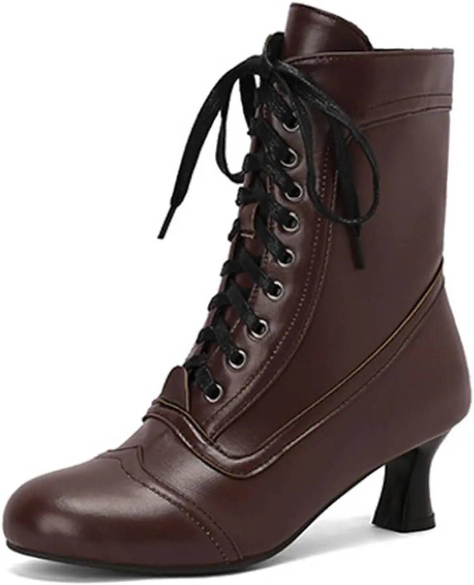 Mid Calf Boots for Women,Fashion Victorian Boots Lace Up Western Booties Renaissance Mid Boots Casual Riding Shoes