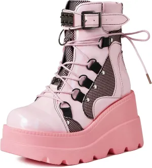mikarka Holographic Platform Boots for Women, Lace Up Ankle Studded Buckle Goth Stacked Wedge Combat Ankle Boots