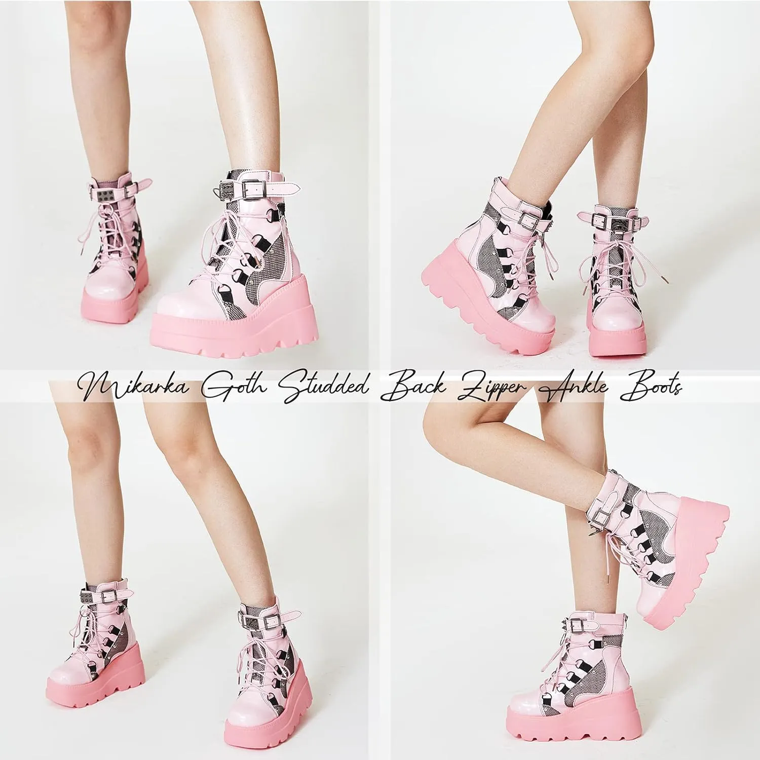 mikarka Holographic Platform Boots for Women, Lace Up Ankle Studded Buckle Goth Stacked Wedge Combat Ankle Boots