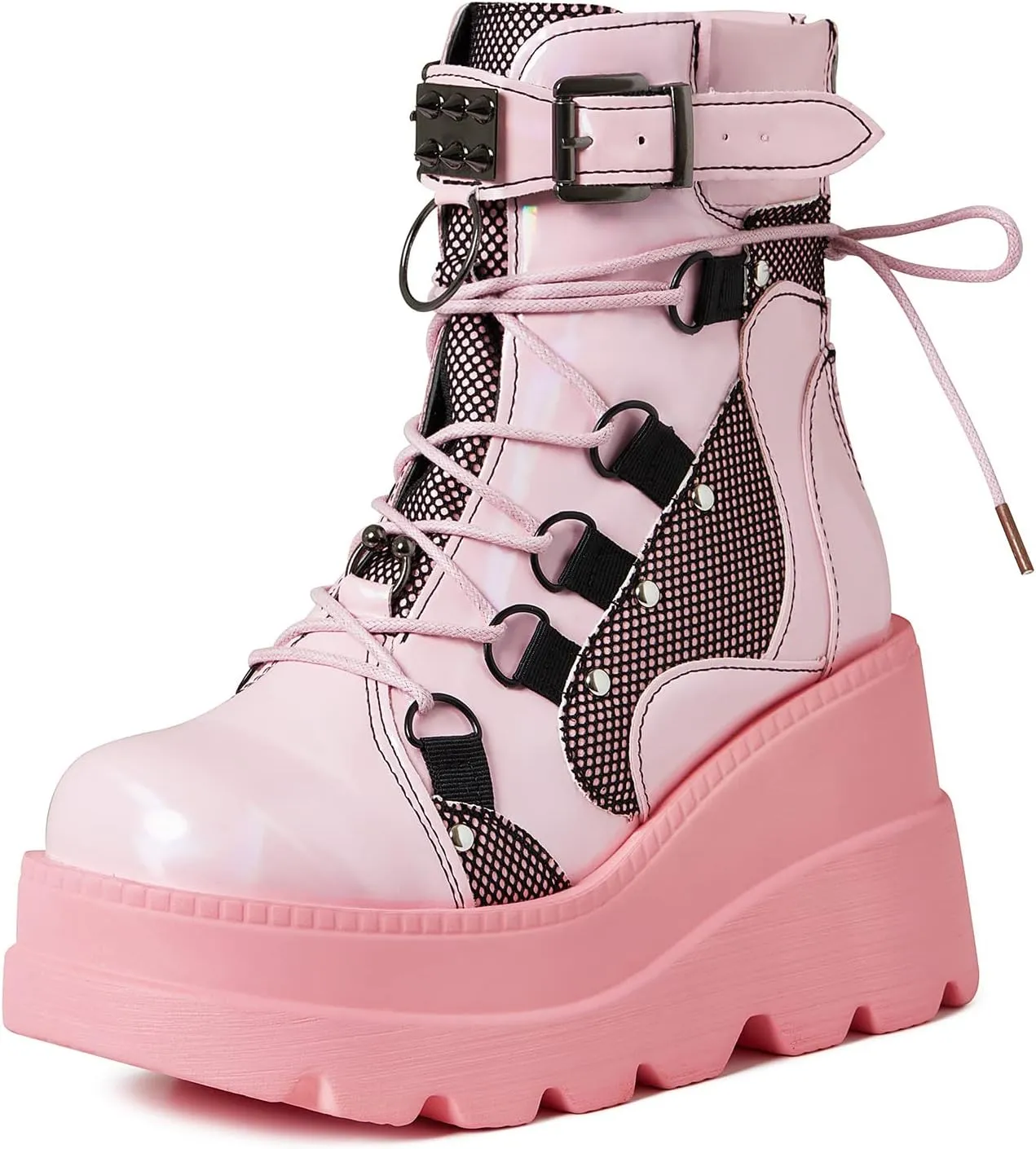 mikarka Holographic Platform Boots for Women, Lace Up Ankle Studded Buckle Goth Stacked Wedge Combat Ankle Boots