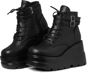 mikarka Holographic Platform Boots for Women, Lace Up Ankle Studded Buckle Goth Stacked Wedge Combat Ankle Boots
