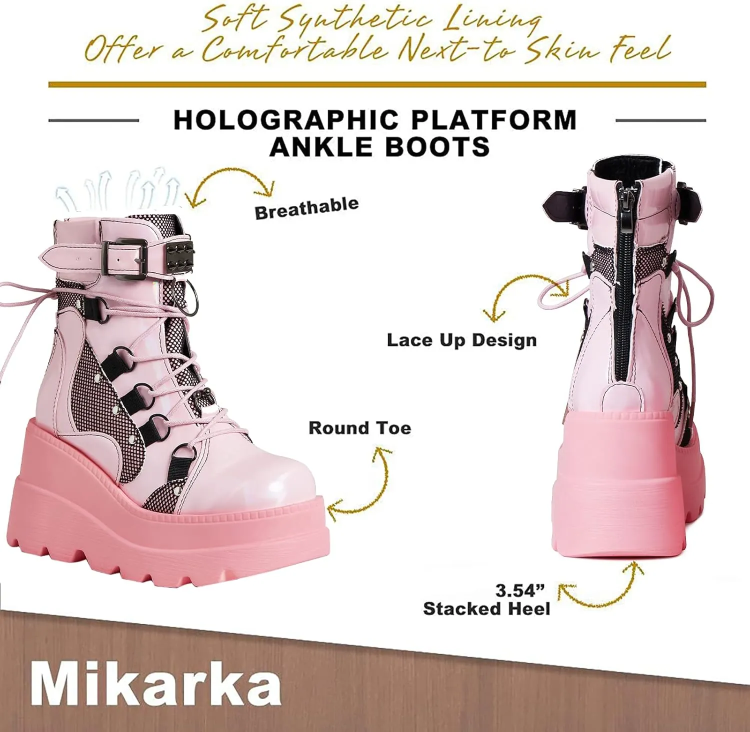 mikarka Holographic Platform Boots for Women, Lace Up Ankle Studded Buckle Goth Stacked Wedge Combat Ankle Boots