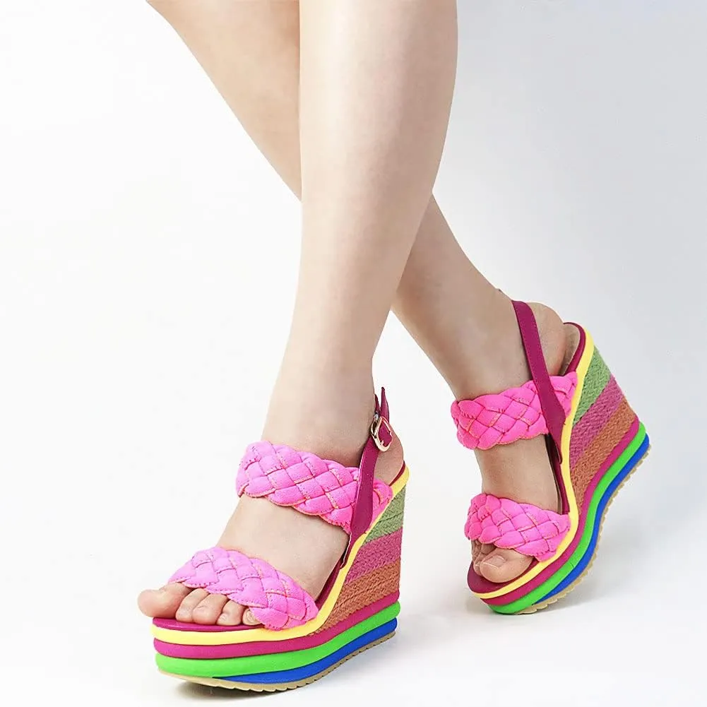 mikarka Wedge Sandals for Women Dressy, Ankle Strap Colorful Heels Espadrille Platform Sandals Boho Open Toe Candies Shoes