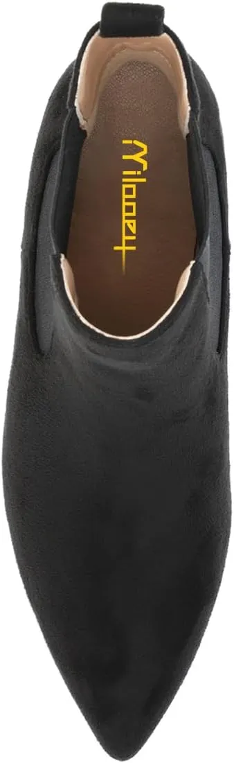 Milooey shoes Women's Kitten Low Heel Ankle Boots Pointed Toe Short Booties Elastic Chelsea Booties Pull On Comfortable Warm Dress Fashion Shoes Size 4-16 Us