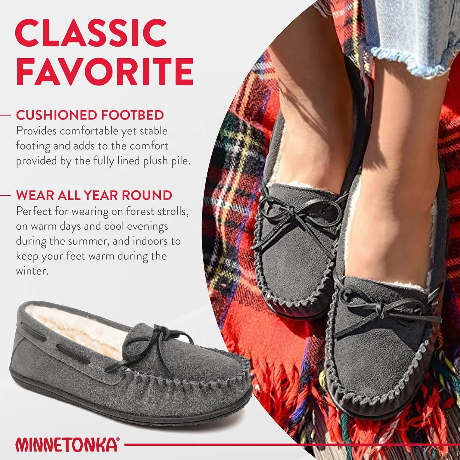Minnetonka Women’s Camp Tie Moc — Cozy, Suede Moccasin Slippers for Women with Plush Pile Lining, Cushioned Footbed, and Durable Sole for Indoor & Outdoor Comfort