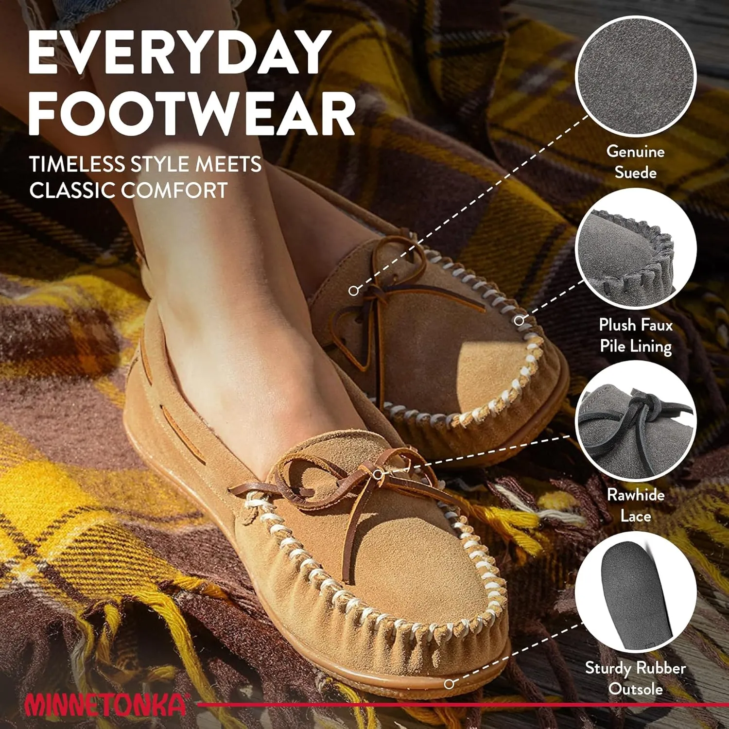 Minnetonka Women’s Camp Tie Moc — Cozy, Suede Moccasin Slippers for Women with Plush Pile Lining, Cushioned Footbed, and Durable Sole for Indoor & Outdoor Comfort