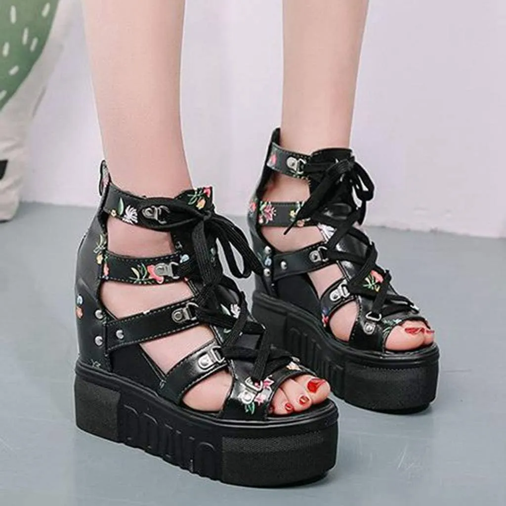 MIOKE Womens Floral Wedge Platform Sandals Gladiator Peep Toe Chunky High Hidden Heel Zipper Caged Bootie