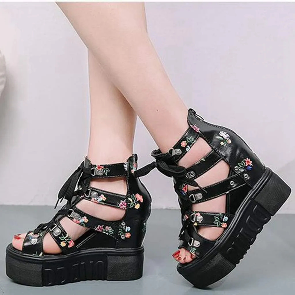MIOKE Womens Floral Wedge Platform Sandals Gladiator Peep Toe Chunky High Hidden Heel Zipper Caged Bootie