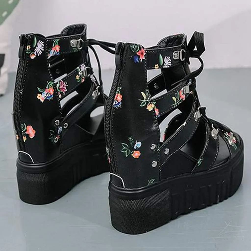 MIOKE Womens Floral Wedge Platform Sandals Gladiator Peep Toe Chunky High Hidden Heel Zipper Caged Bootie