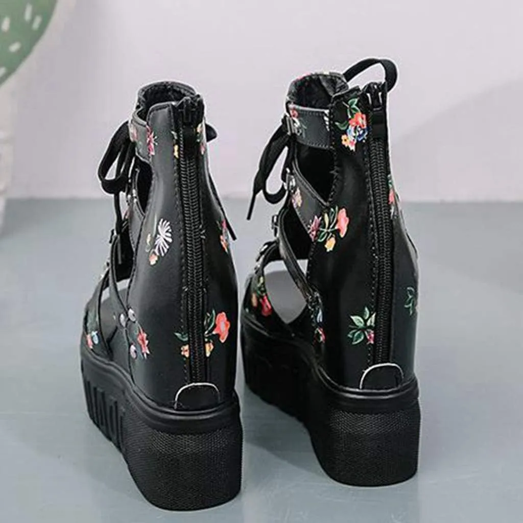 MIOKE Womens Floral Wedge Platform Sandals Gladiator Peep Toe Chunky High Hidden Heel Zipper Caged Bootie