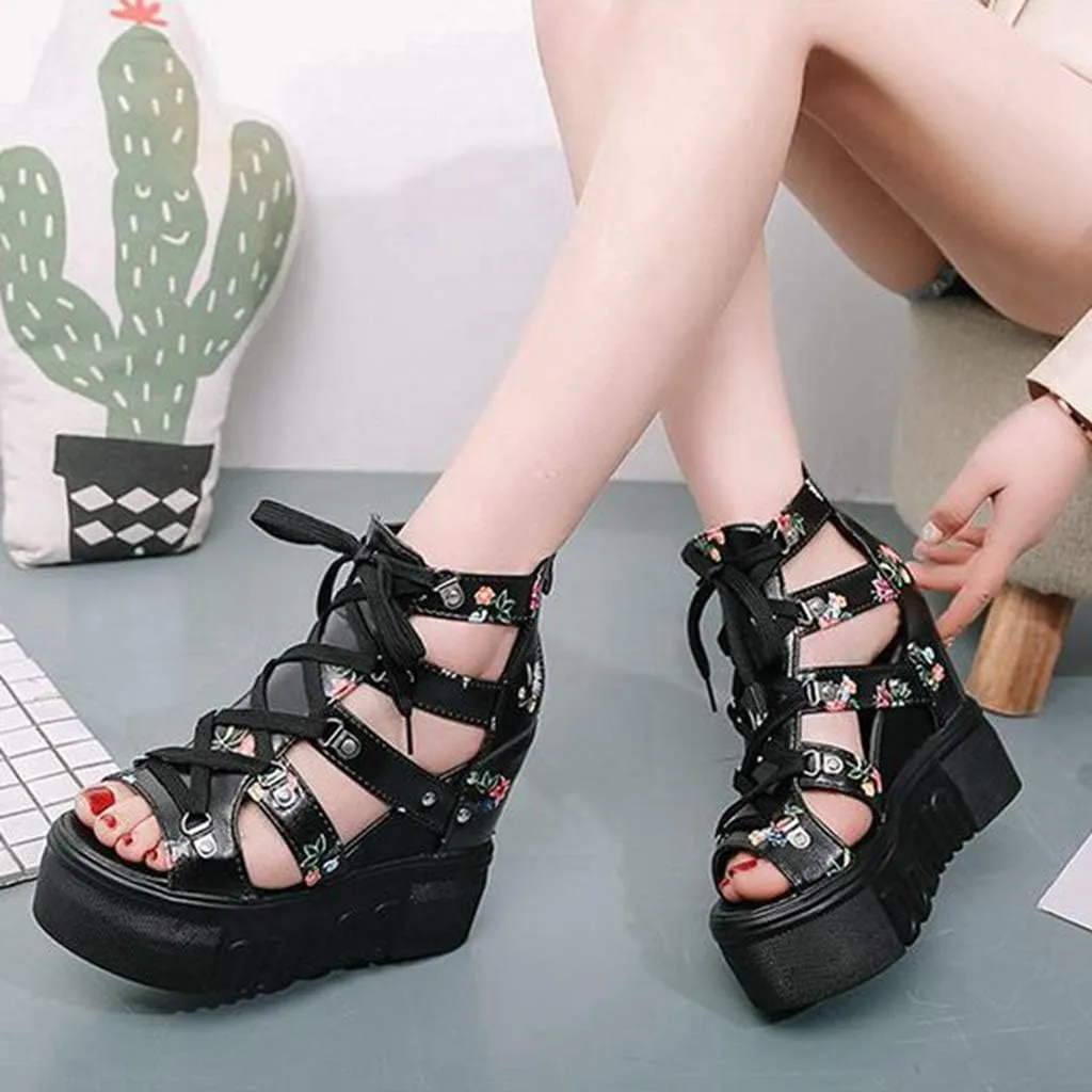MIOKE Womens Floral Wedge Platform Sandals Gladiator Peep Toe Chunky High Hidden Heel Zipper Caged Bootie