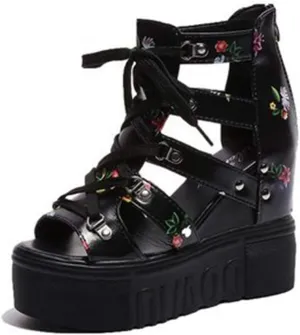 MIOKE Womens Floral Wedge Platform Sandals Gladiator Peep Toe Chunky High Hidden Heel Zipper Caged Bootie