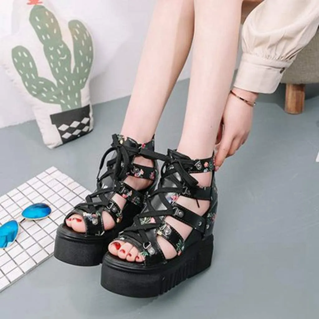 MIOKE Womens Floral Wedge Platform Sandals Gladiator Peep Toe Chunky High Hidden Heel Zipper Caged Bootie