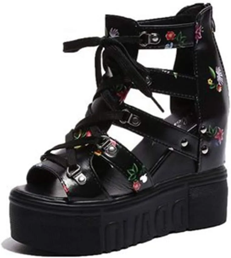 MIOKE Womens Floral Wedge Platform Sandals Gladiator Peep Toe Chunky High Hidden Heel Zipper Caged Bootie